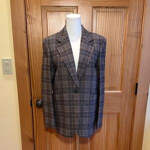 Women’s Single-Button Plaid Blazer Jacket - Black, Brown, and Gray